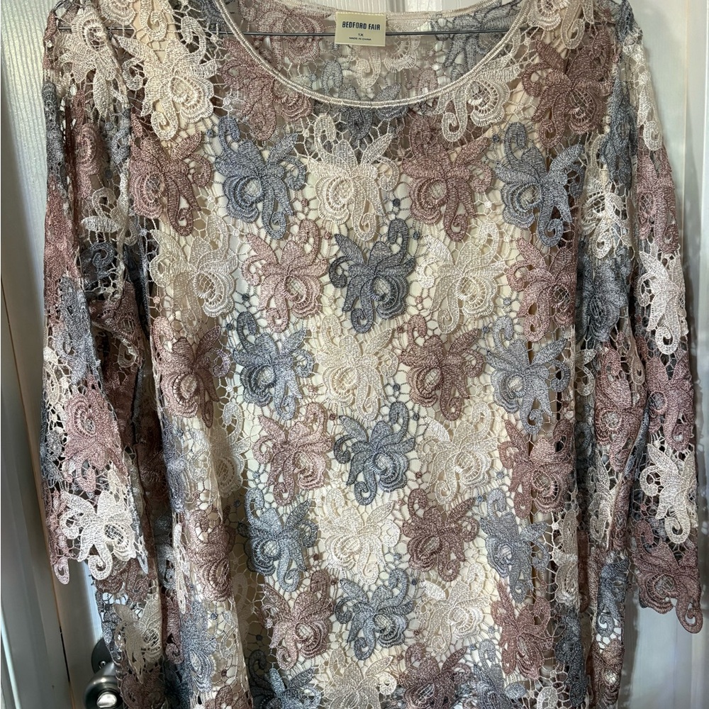 Lace Floral Blouse - Cream, Pink, and Blue